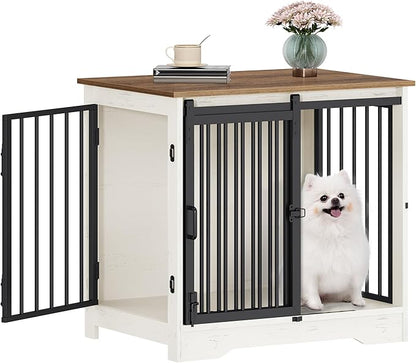 Hzuaneri 27.2" Dog Crate Furniture with Barn Door, Heavy Duty Dog Kennel Indoor with 2 Doors, Wooden Pet Cage End Table for Small Medium Dogs up to 22 lb, Anti-Chew Anti-Escape, White Brown DFC84314B