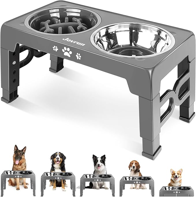 Jovrun Elevated Dog Bowls for Medium Large Size Dogs, Non-Slip Dog Feeder with 1*Stainless Steel Dishes & 1*Slow Feeder Bowl, 5 Heights Adjustable Raised Bowls to 3.15″-8.66″-9.84″-11.02″-12.2″
