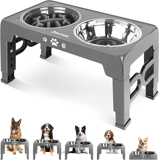 Jovrun Elevated Dog Bowls for Medium Large Size Dogs, Non-Slip Dog Feeder with 1*Stainless Steel Dishes & 1*Slow Feeder Bowl, 5 Heights Adjustable Raised Bowls to 3.15″-8.66″-9.84″-11.02″-12.2″