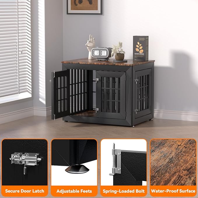 Snuowu 32" Heavy Duty Dog Crate Furniture for Small,Medium and Large Dogs,Rustic Wooden Dog Cage Kennel Indoor Furniture with Waterproof Top,Decorative Pet House Side End Table (Black & Wood)