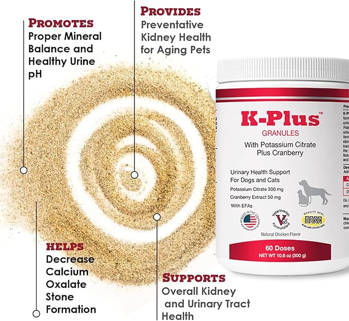 K-Plus Potassium Citrate + Cranberry Granules for Dogs & Cats – Vet-Approved UTI & Bladder Health Support – Helps Maintain Urinary Balance & Kidney Function – Easy-to-Use Granules – 60 Doses