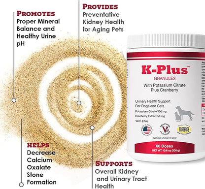 K-Plus Potassium Citrate + Cranberry Granules for Dogs & Cats – Vet-Approved UTI & Bladder Health Support – Helps Maintain Urinary Balance & Kidney Function – Easy-to-Use Granules – 60 Doses