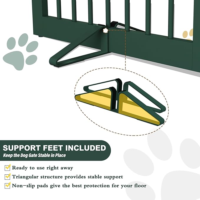 PUPETPO Freestanding Pet Gate for Dogs, Foldable Wooden Dog Gate for House, Indoor Dog Gate for Doorways, Stairs, Step Over Pet Puppy Safety Fence, Support Feet Included,24" Height 3 Panels,Green