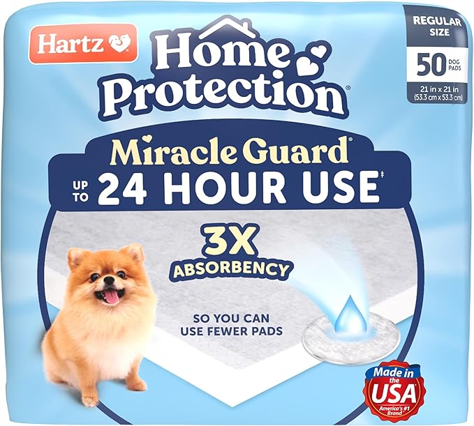 Hartz Miracle Guard Dog and Puppy Dog Pads Max Absorbency 24 Hour Use Odor Eliminating No Leaks, Regular Size 50 Count