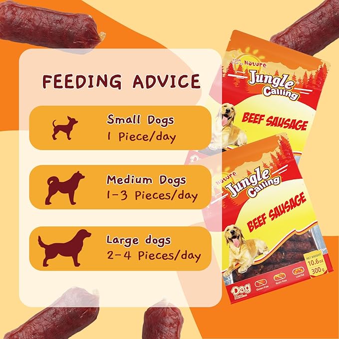 Jungle Calling Soft Beef Sausage Dog Treats, Grain-Free High Protein Tender Beef Jerky, Easy to Chew Training Treats for Small & Medium Dogs, 10.6 oz