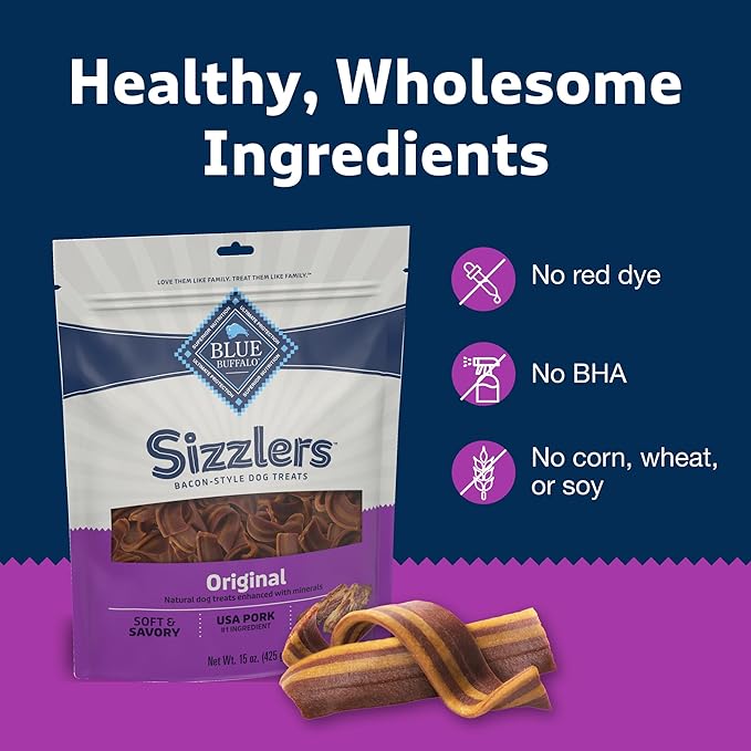 Blue Buffalo Sizzlers Bacon-Style Dog Treats with Real USA Pork, Original Flavor, 15-oz Bag