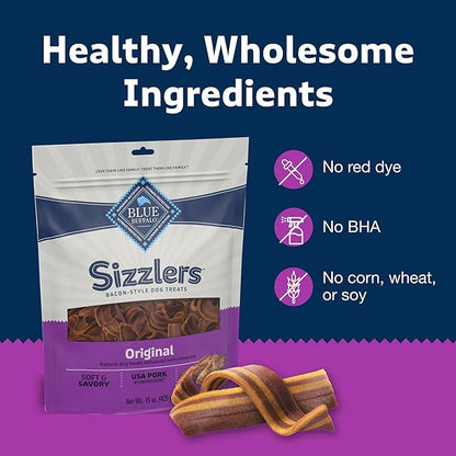 Blue Buffalo Sizzlers Bacon-Style Dog Treats with Real USA Pork, Original Flavor, 15-oz Bag