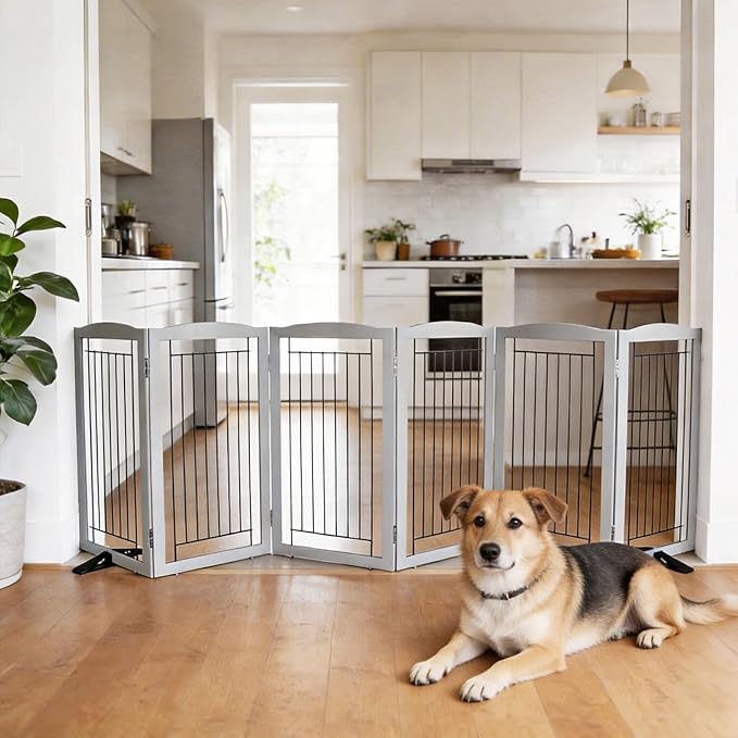 ZJSF Freestanding Dog Fence Indoor, Foldable Dog Gate for Doorways, Stairs or Hallways, Sturdy Wood Extra Wide Pet Gate with Support Feet for The House, Grey, 32 "Height-6 Panels