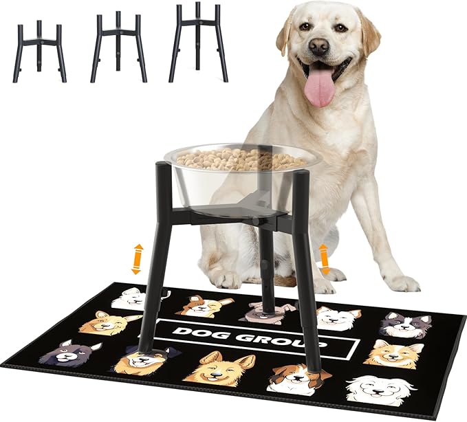 Raised Dog Bowl Stand for Large Dogs, with mat, Adjustable Height & Width, fits 7-10.7" Bowls, 3 Height Sets,Without Bowl