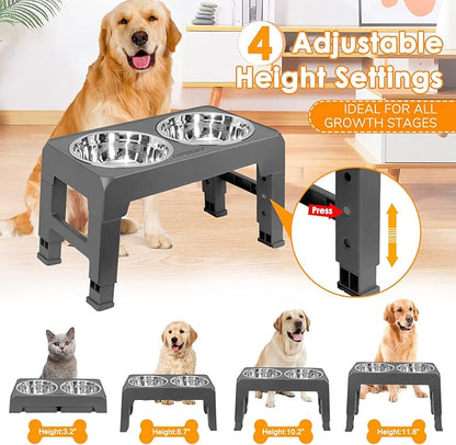 URPOWER Raised Dog Bowls 4 Height Adjustable Elevated Bowl Stand with Stainless Steel Water Bowl Non-Slip Dog Food Bowls Stand for Small Medium Large Dogs and Pets