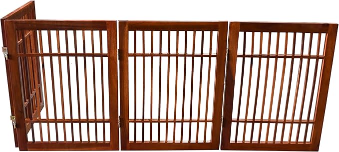 Urnporium Freestanding Wooden Dog Gate Foldable Indoor Pet Gate No Drill Expandable Barrier for Doorways Stairs Hallways Portable Wood Fence for Small Dogs & Puppies (Brown Pet Gate, 4 Panel 24" Tall)
