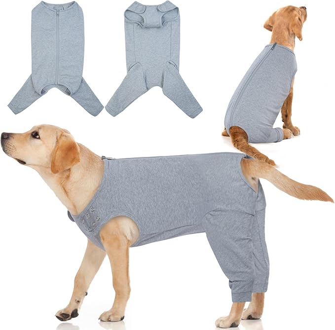 IDOMIK Dog Recovery Suit,Dog Leg Sleeve to Stop Licking Rear Legs,Thigh Wound Protective Sleeve,Male Female Pet Surgical Clothes,Doggy Surgical Suit with Pants Cover,Cone Collar Alternative,Grey,S