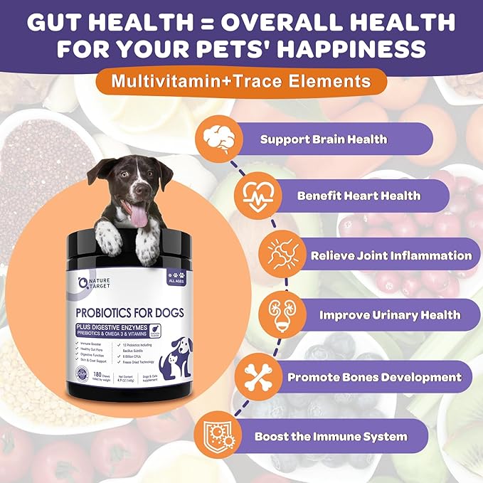 NATURE TARGET Probiotics for Dogs, 6 Billion CFUs, Freeze Dried Dog Probiotics with Prebiotics & Enzymes for Diarrhea, Gas, Vitamins & Omega 3 for Skin & Immune Health, Allergy Itch Relief, 180 Count