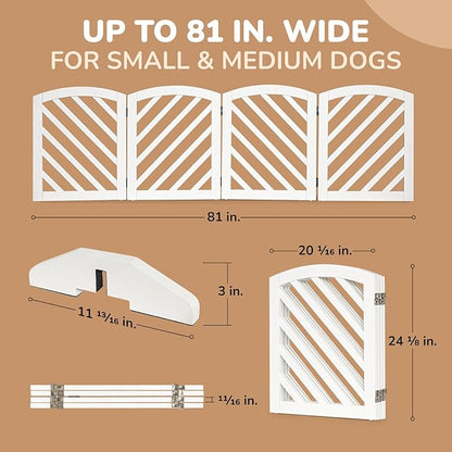 dCee Solid Acacia Wood Dog Gate, Freestanding Dog Gates Indoor Extra Wide 81 in, Foldable Pet Gate with 4 Panels & 2 Support Legs for Doorway, Kitchen, Hall, Stairs White