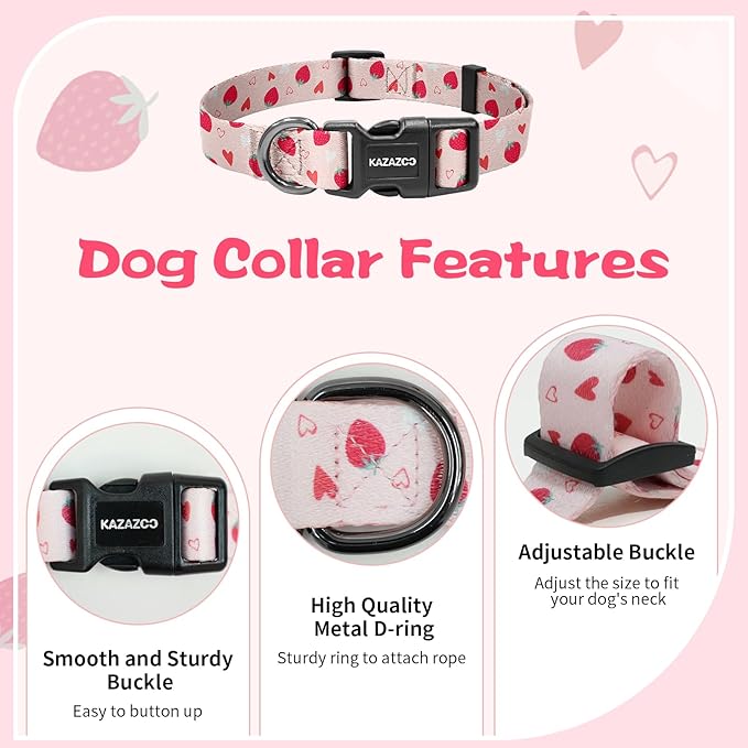 Kazazoo Dog Collar Cute and Soft Nylon Puppy Collar Girl, Adjustable Dog Collars for Medium Large Dogs, Strawberry-L