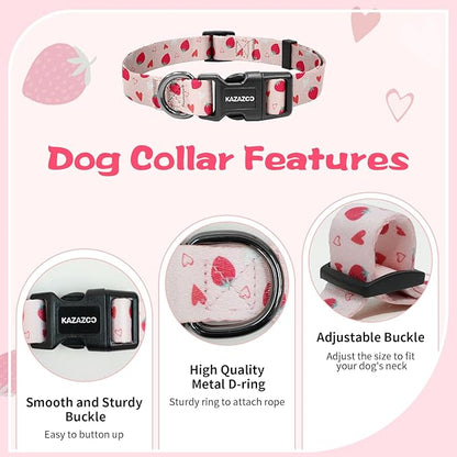Kazazoo Dog Collar Cute and Soft Nylon Puppy Collar Girl, Adjustable Dog Collars for Medium Large Dogs, Strawberry-L