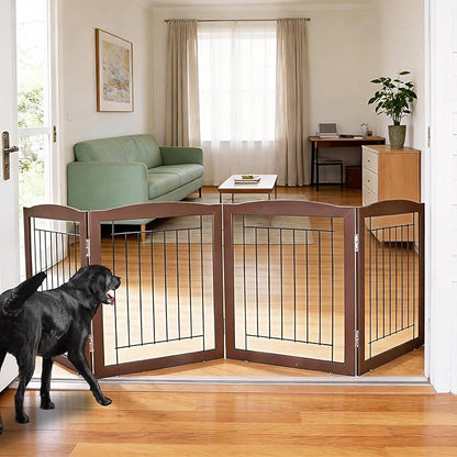 ZJSF Freestanding Foldable Dog Gate for House Extra Wide Wooden Brown Puppy Gate Stairs Dog Gates Doorways Tall Pet Gate 24 "Height 4 Panels Pet Fence