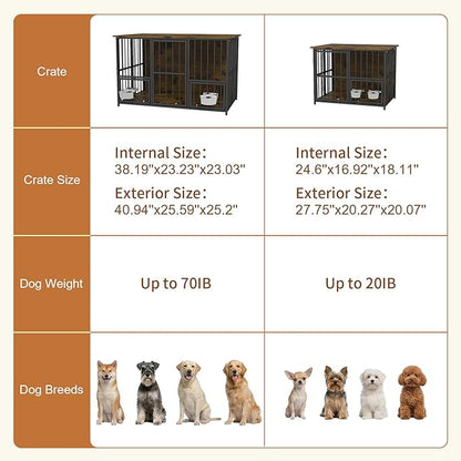 Hadulcet Foldable Dog Crate Furniture, No Assembly Indoor Dog Kennel with Storage Top, Wooden Dog Crate Table for Small to Medium Dogs, 27.55” Furniture Style Dog Cage with 2 Bowls Rustic Brown