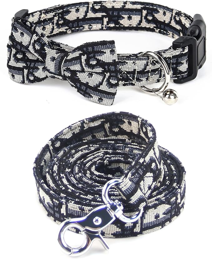 Bowtie Collars for Big Dogs, Elegant Puppy Collars with Leash Set, Dog Collars with Bowtie Adjustable 15.7"-20.9", Black, L