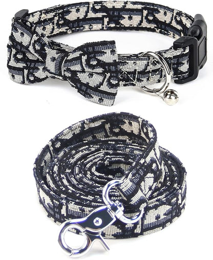 Bowtie Collars for Big Dogs, Elegant Puppy Collars with Leash Set, Dog Collars with Bowtie Adjustable 15.7"-20.9", Black, L