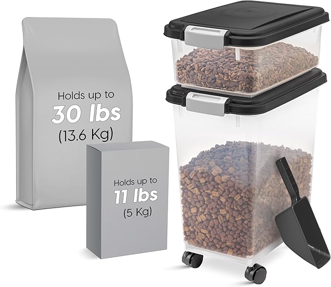IRIS USA Dog Food Storage Container 30 lb + 11lb Airtight Combo, Stackable Pet Food Storage Bin with Wheels for Cat Dog Food, BPA Free, Made in USA, Black