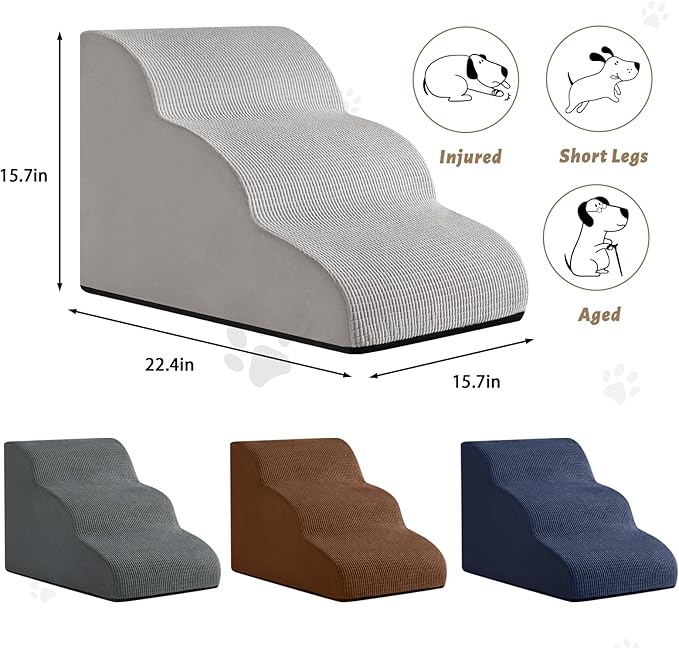 Aodisman 3-Step Dog Ramp and Stairs for Sofa and Chair - Non-Slip Sturdy Pet Steps for Small Dogs and Cats,15.7" H,Light Grey