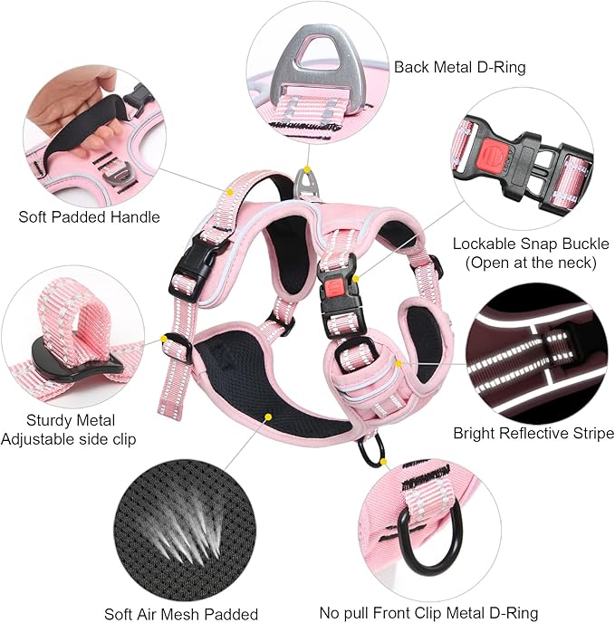 Timos Dog Harness Small Sized, No Pull Pet Harness with Neck Lockable Snap,No Choke Front Clip Dog Reflective Vest,Adjustable Metal Rings 3 Buckles,Easy Control Handle for Small Dogs Pink XS
