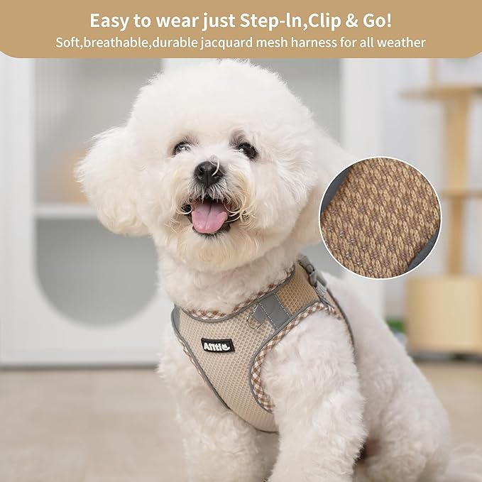 AIITLE Dog Harness and Leash Set - Ultra-Comfortable XXS-XL Vest with Strong Magic Tape & Glow-in-Dark Reflective Strips, Chafe-Free for Teddy, Schnauzer (Brown-Beige, M)