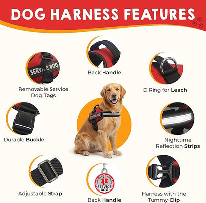 Service Dog Vest + ID Tag + 50 ADA Information Cards - Service Dog Harness in Sizes X Small to XX Large, Metal Dog Tag has Durable Clip, Service Animal Information Cards are 2-Sided. ESA Accessory Set