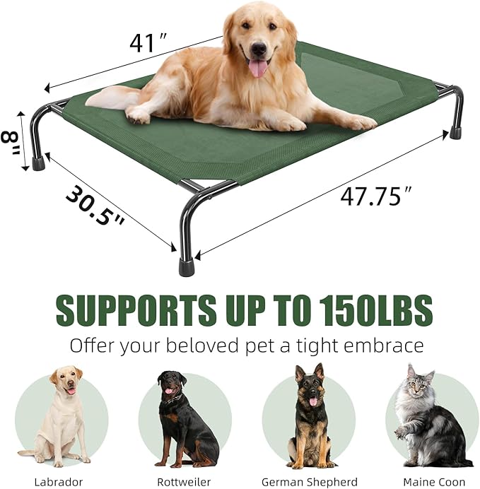 Simple Trending Raised Dog Bed for Large Dogs, Waterproof XL Dog Cot, Outdoor Cooling Elevated Pet Bed, 47.75" x 30.5", Green