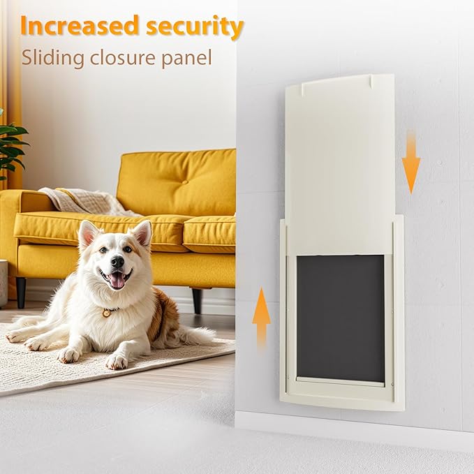 mestyl Dog Door for Wall, Pet Door, Doggie Door with Telescoping Tunnel, Double Magnetic Flaps and Sliding Lock Panels, 3-Flap Dog Door and Cat Door, Easy to Install, White, Medium