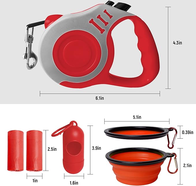 Retractable Dog Leash Automatic Telescopic Tractor Dog Tape, Pet Tape 10/16 FT Durable and Convenient, with Folding Bowl, Dispenser, Rubbish Bags, Suitable for Small and Medium Dogs