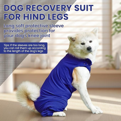IDOMIK Dog Recovery Suit,Dog Leg Sleeve to Stop Licking Rear Legs,Thigh Wound Protective Sleeve,Male Female Pet Surgical Clothes,Doggy Surgical Suit with Pants Cover,Cone Collar Alternative,Blue,L