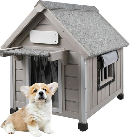 PetsCosset 20.5" L Outdoor Dog House with Waterproof Asphalt Roof for Small to Medium Dogs,Large Wooden Indoor Dog Kennel with Anti-Chewing Metal,Oxford Cloth Window,Durable Doghouse for 1-2 Dogs
