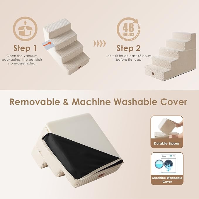 EHEYCIGA Dog Stairs for High Bed 22.5" H, 5-Step Dog Steps for Bed, Pet Steps for Small Dogs and Cats, Non-Slip Balanced Pet Ramp Indoor, Beige