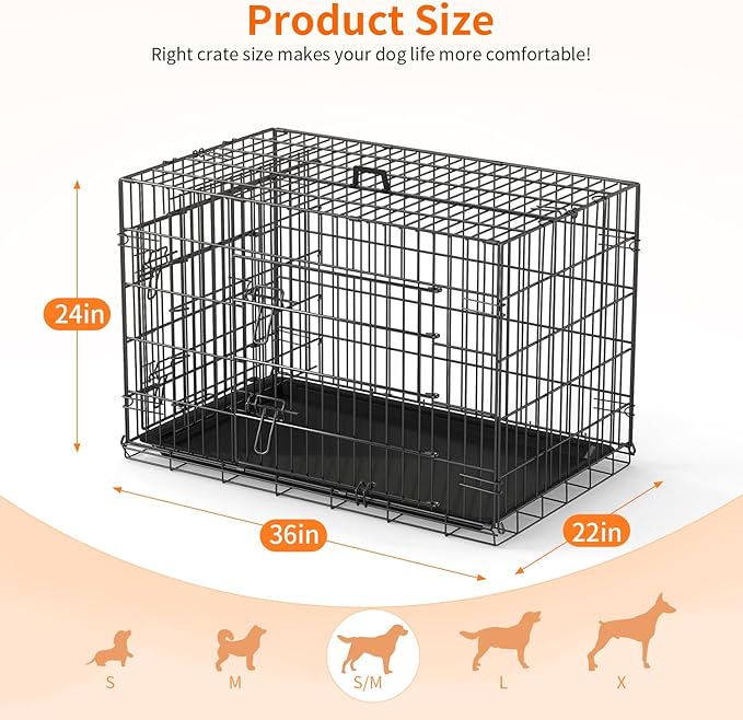 FDW Dog Crate 36-Inch Dog Cage Single Door Foldable Metal Kennel with Leakproof Tray Foldable Design Indoor Outdoor Use for Medium Dogs,Dark Black