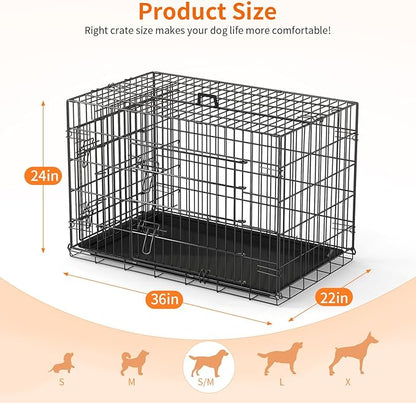 FDW Dog Crate 36-Inch Dog Cage Single Door Foldable Metal Kennel with Leakproof Tray Foldable Design Indoor Outdoor Use for Medium Dogs,Dark Black