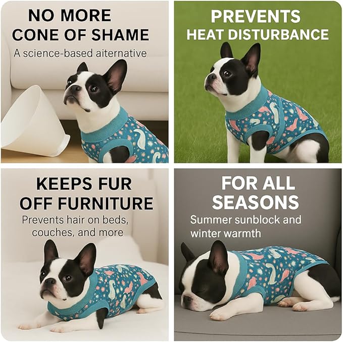 PetWarm Surgical Suit for Male Dogs, Dog Coat's Inner Clothes, Substitute E-Collar and Cone Prevent Licking Recovery Suit, Female Male Dog Onesie for Spay Neuter, Dinosaur Pattern, Multi-Colored, XS