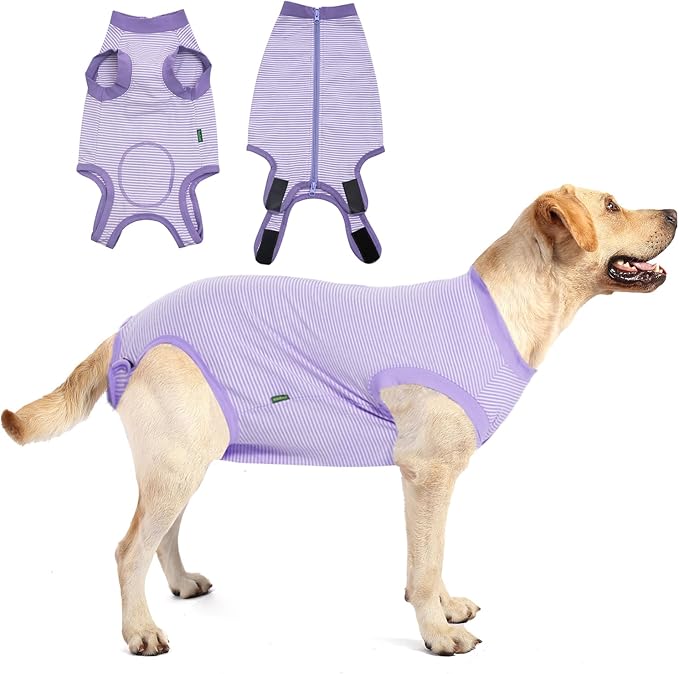 Dog Recovery Suit Purple Female Spay Surgical Medium Shirt, Male Surgery Recovery Suit,Purple-White Striped M