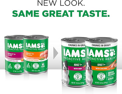 IAMS Proactive Health Wet Dog Food Adult, Canned Dog Food, Chicken Chunks in Gravy and Beef Chunks in Gravy, 13 oz. Cans, Pack of 12