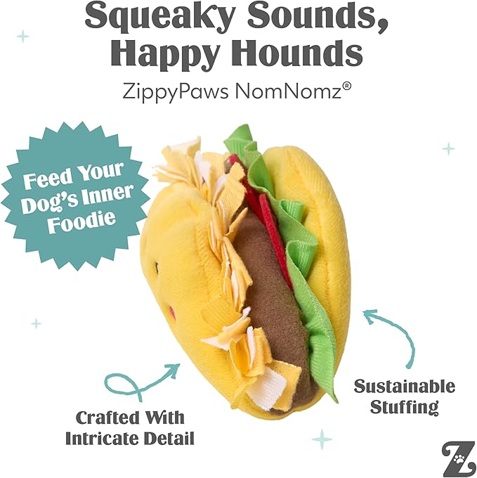 ZippyPaws NomNomz - Dog Squeaky Toys to Keep Them Busy, Funny Food Plush for Small & Medium Dogs, Cute Stuffed Puppy Toy, Pet Products, Gift for Dogs of All Breeds, Soft and Cuddly - Taco