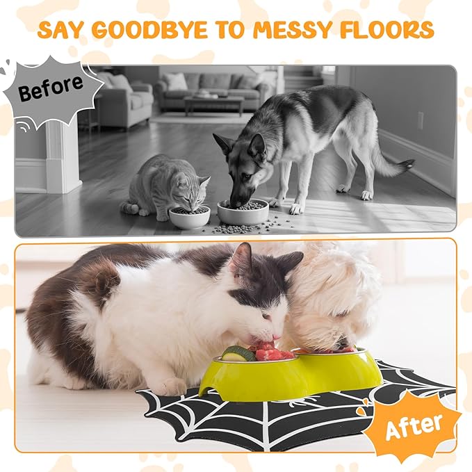 Dog Cat Food & Water Mat, Spider Web Pet Feeding Mat for Floor Non-Slip Waterproof, Super Absorbent Quick Dry Placemat Pet Food Bowl Mat, Halloween Decor, Pets Accessories Indoor (16 * 24 in)