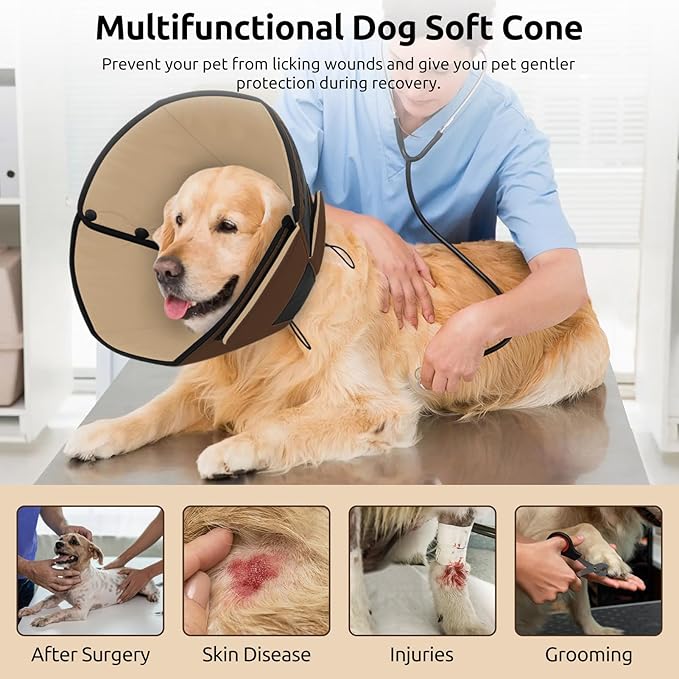 Queenmore Dog Cones for Large Dogs, Soft Dog Cone for Large Breeds, Cone for Dogs After Surgery, Adjustable Elizabethan Collar for Pet to Prevent Licking Wounds, Brown L