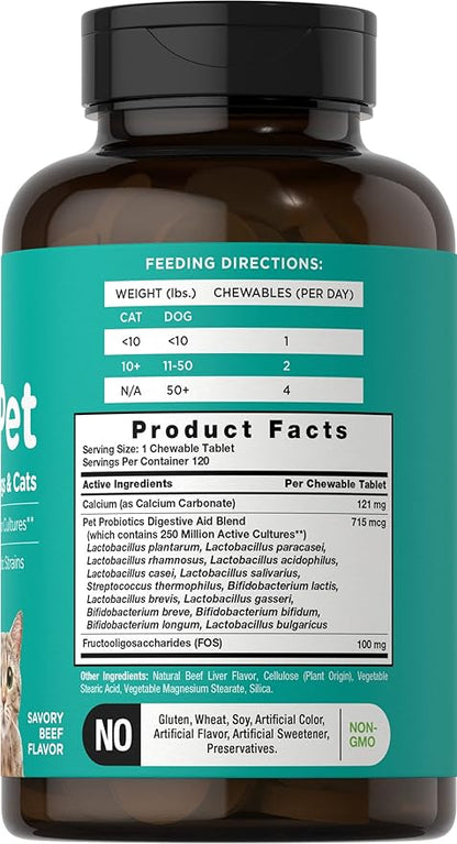 Horbaach Probiotics for Dogs and Cats | 120 Chewable Tablets | Digestive Health Supplement with 14 Strains | Savory Beef Flavor | by River & RULA