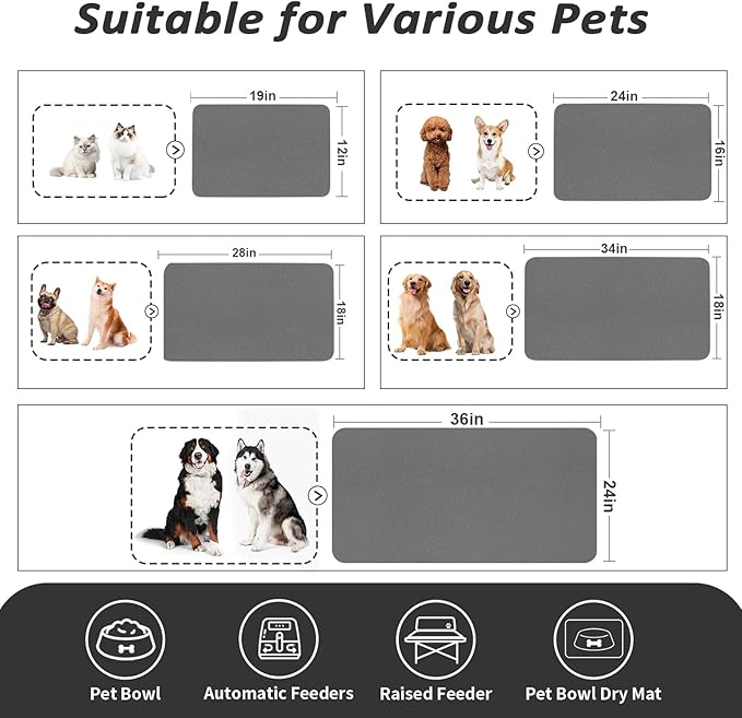 HotLive Dog Food Mat - Absorbent Cat Mat for Food and Water, No Stains Pet Feeding Bowl Mat, Easy to Clean Pet Placemats, Quick Dry Dog Water Dispenser Mat for Messy Drinkers | Dark Grey 18"x 28"