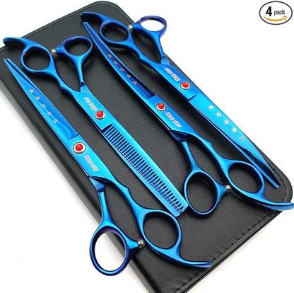 KINGSTAR 7.0in Titanium Blue Professional Pet Grooming Scissors Set,Straight & Thinning & Curved Scissors 4pcs Set for Dog Grooming,(Blue)