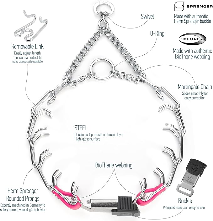 Herm Sprenger Chrome Plated Steel Dog Collar with Quick Release ClicLock Buckle and Biothane Insert Training Collar for Dogs Made in Germany (Passionfruit Pink, 16in x 2.25mm(neck size up to 13-14in))