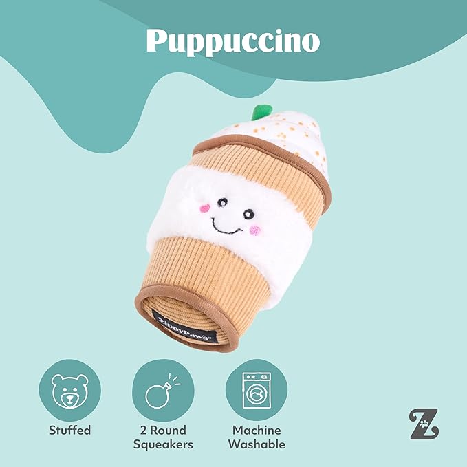 ZippyPaws NomNomz - Dog Squeaky Toys to Keep Them Busy, Funny Food Plush for Small, Medium, & Large Dogs, Cute Stuffed Puppy Toy, Pet Products, Gift for Dogs of All Breeds, Soft & Cuddly - Puppuccino
