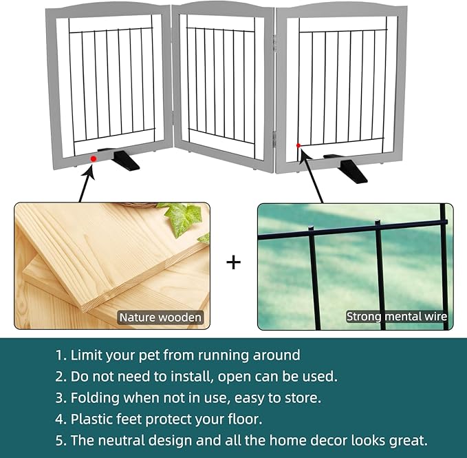 ZJSF Freestanding Dog Fence Indoor, Foldable Dog Gate for Doorways, Stairs or Hallways, Sturdy Wood Extra Wide Pet Gate with Support Feet for The House, Grey, 24 "Height-3 Panels