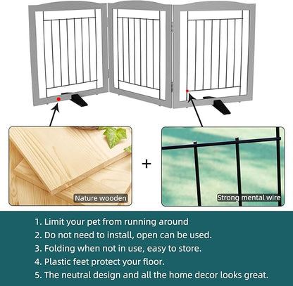 ZJSF Freestanding Dog Fence Indoor, Foldable Dog Gate for Doorways, Stairs or Hallways, Sturdy Wood Extra Wide Pet Gate with Support Feet for The House, Grey, 24 "Height-3 Panels